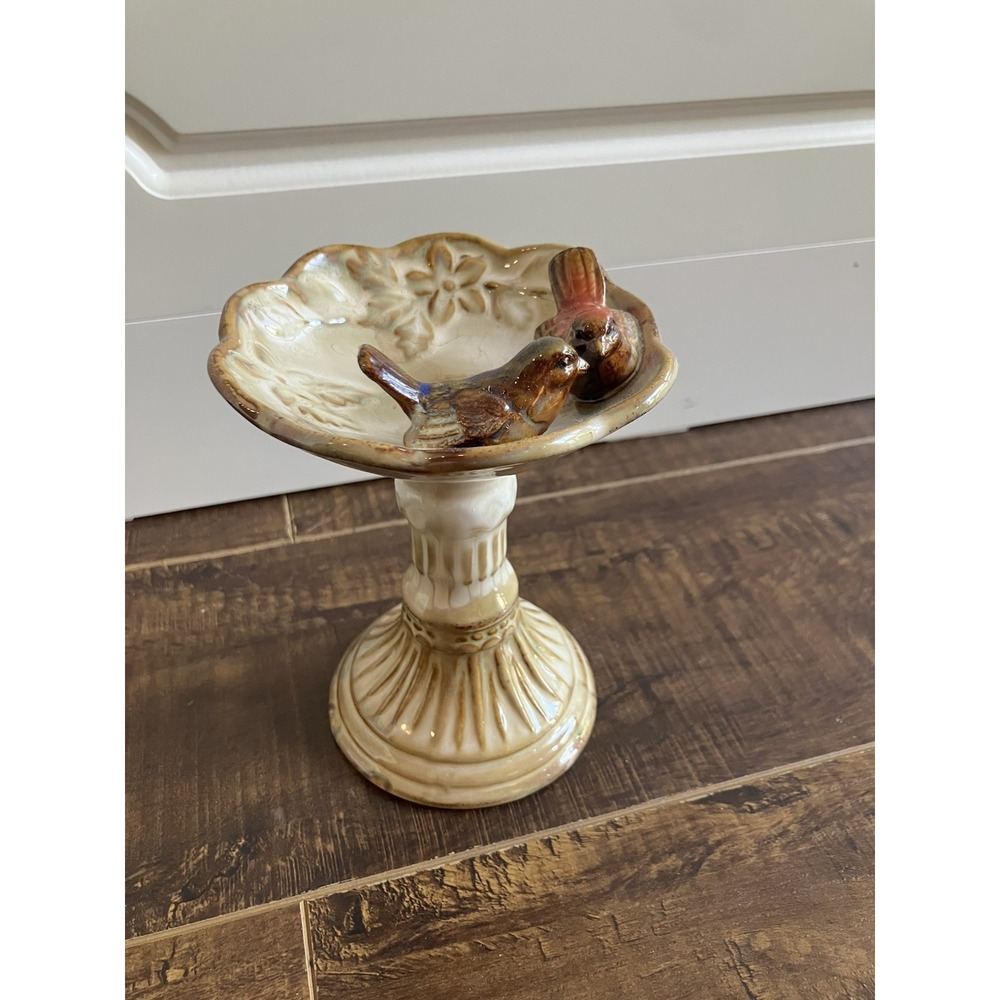 Vintage Ceramic Bird Bath Pedestal Figurine Birds Floral Trinket Dish 5.5"